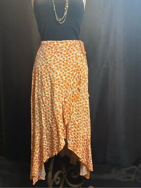 Simple Orange Floral High-Low Wrap Skirt